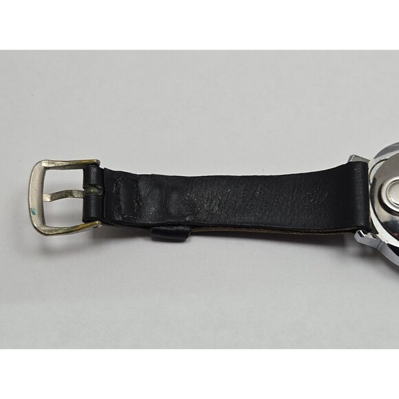 1972 Timex Ladies Electric Calendar Chrome Plated Vintage Date Watch Black Strap